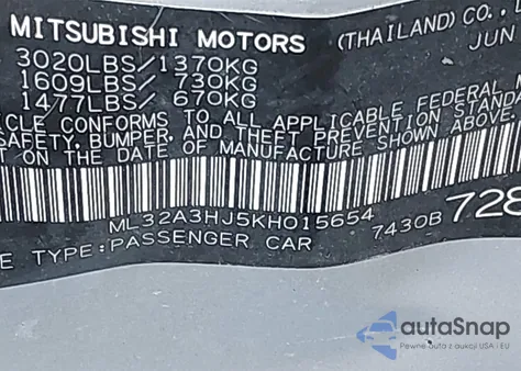 2019 Mitsubishi Mirage Es из США, поврежденный, VIN ML32A3HJ5KH015654